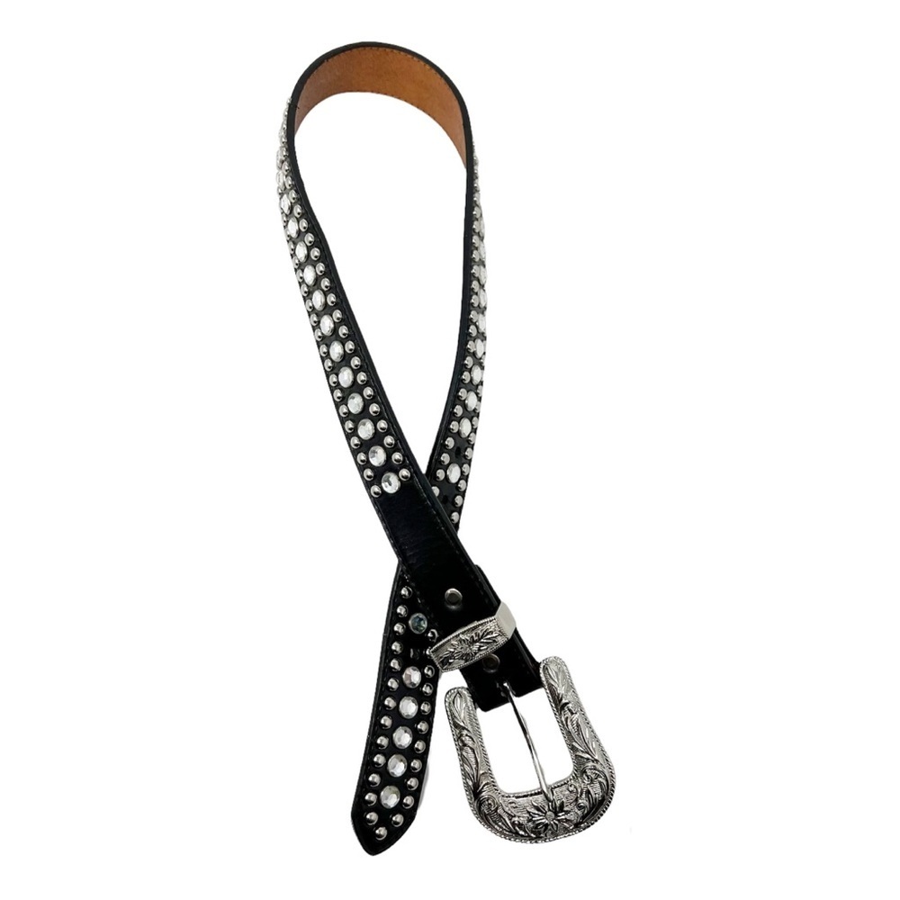 3D Leather Rhinestone Studded Belt Black Size 26 - Picture 3 of 6